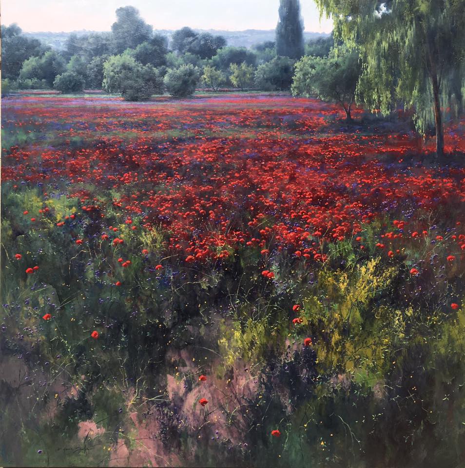 Sauce y amapolas - Óleo madera preparada - 90x90